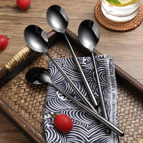 Miniatura 6 de Ouliget Cuchara de sopa negra de acero, cucharas grandes circulares de mango largo, cuchara de sopa coreana de mango largo, 8 piezas, 8.7 x 1.6