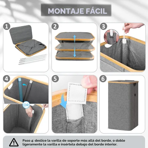 Miniatura 5 de BALEINE Cesta de lavandería con tapa, cestas de lavandería altas con tiradores de bambú, gran cubo de lavandería con soporte interno