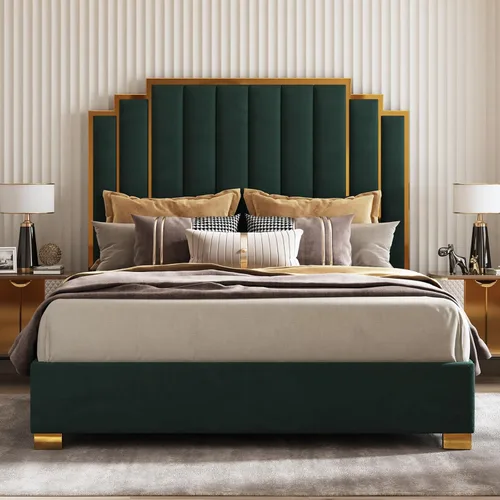 Miniatura 18 de AMERLIFE Cama tapizada tamaño Queen, marco de cama de terciopelo moderno con cabecera de ribete dorado de 61.4 pulgadas de alto, no necesita somier