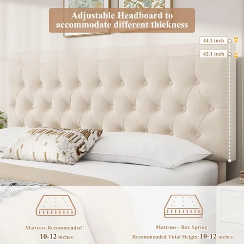Miniatura 4 de Keyluv - Marco de cama tapizado moderno con 4 cajones de almacenamiento, diseño de cabecera con botones, soporte de listones de madera maciza, fácil