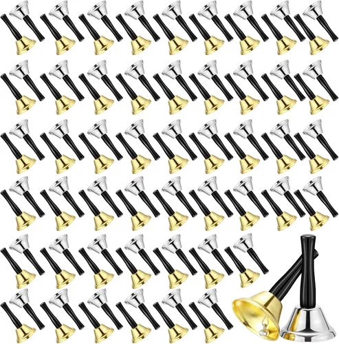 Fumete 100 campanas de metal con mango de madera para decoración de bodas, escuelas, percusión musical, alerta de ancianos enfermos (plata, dorado)