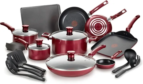 T-fal Essence, juego de ollas y sartenes antiadherentes, 20 piezas, color rojo
