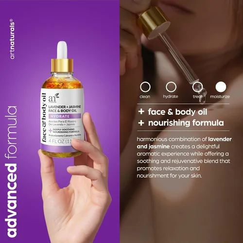 Miniatura 3 de Artnaturals Aceite facial orgánico de lavanda + jazmín, 4.0 onzas, para cuerpo y cabello, 100% natural, hidrata, rejuvenece y mejora tu piel, aceite