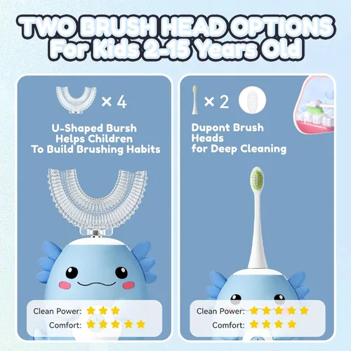 Miniatura 5 de Axolotl Cepillo de dientes eléctrico en forma de U para niños, cepillo de dientes automático Sonic de dibujos animados con 6 cabezales de cepillo