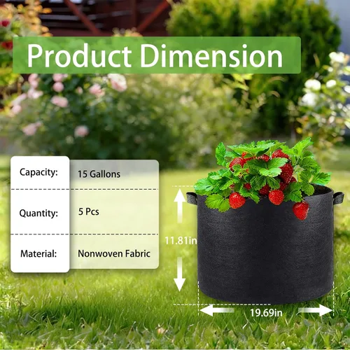 Miniatura 3 de iGarden Bolsas de cultivo altas, macetas de cultivo de 15 galones, paquete de 5 con asas, bolsa de tela no tejida gruesa de 11.29 oz para verduras
