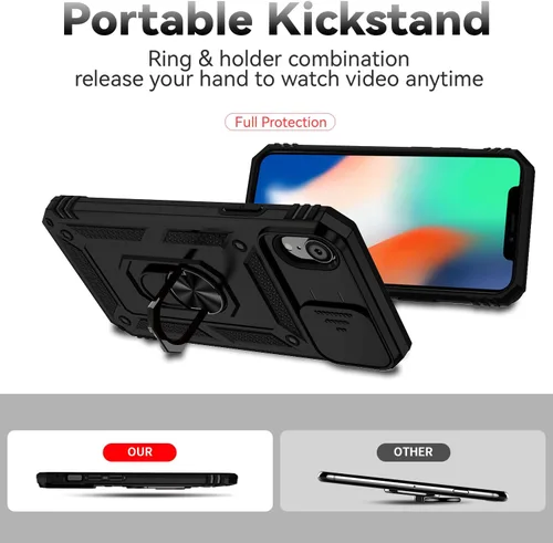 Miniatura 3 de Funda para iPhone XR, cubierta de lente de cámara deslizante integrada+soporte de anillo de dedo+protector de pantalla, funda protectora de cuerpo