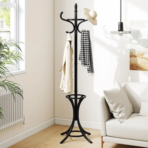 Miniatura 4 de Tangkula Perchero con soporte para paraguas, perchero independiente de 73 pulgadas con 12 ganchos, entrada de madera para ropa, bolsos, sombreros