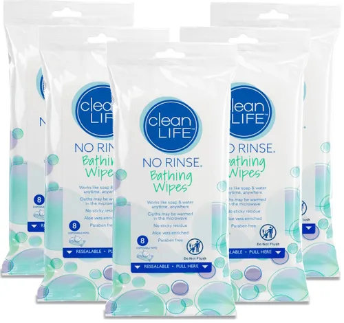 Cleanlife No-Rinse - Toallitas de baño (5 paquetes de 8) – 40 toallitas corporales desechables | Toallitas de baño limpiadoras para adultos,