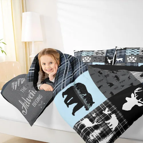 Miniatura 39 de Juego de edredón de oso y ciervo, tamaño individual, ropa de cama de animales salvajes de caza, colcha rústica de cabaña, casa de campo, cuadros