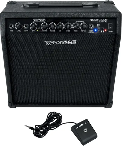 Amplificador combo de guitarra Rockville G-AMP de 30 W, Bluetooth, entrada de micrófono, interruptor de pie, efecto de retardo, para práctica en