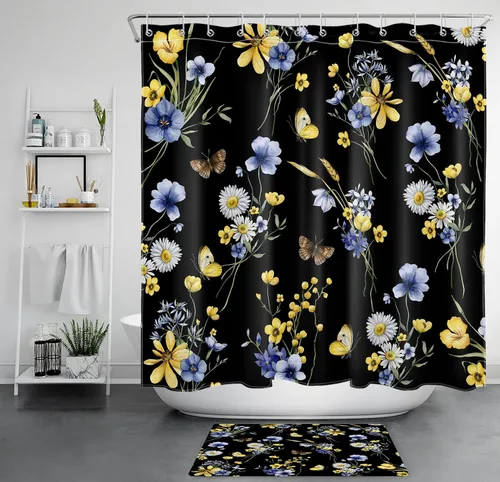 Miniatura 19 de EOBTAIN Cortina de ducha floral de acuarela para baño, margaritas y mariposas sobre tela beige con 10 ganchos, juego de cortinas de baño rústicas