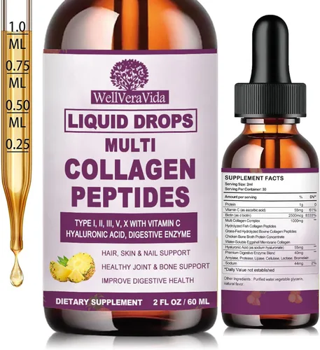 Gotas líquidas de péptidos de colágeno múltiple, 2 oz – Tipos I, II, III, V, X, Complejo de colágeno hidrolizado para cabello, piel, uñas, huesos y
