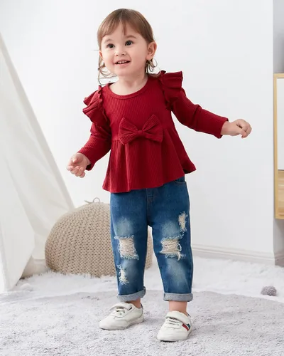 Miniatura 3 de YALLET Conjunto de ropa de bebé niña con volantes y pantalones de mezclilla rasgados