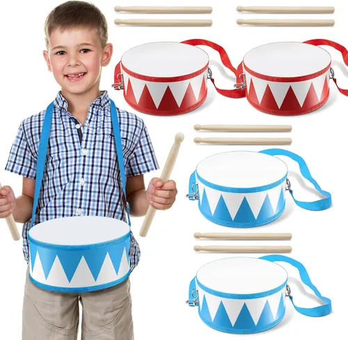Boao Juego de 2 tambores para niños, tambor de juguete de madera de 8 pulgadas para niños pequeños con correa ajustable y 4 baquetas, instrumento