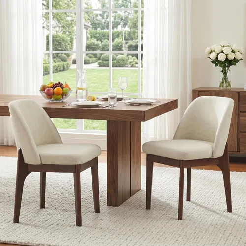 VKNOW Juego de 2 sillas de comedor modernas, sillas de cocina de piel sintética con patas de madera, sillas laterales tapizadas para cocina, Beige