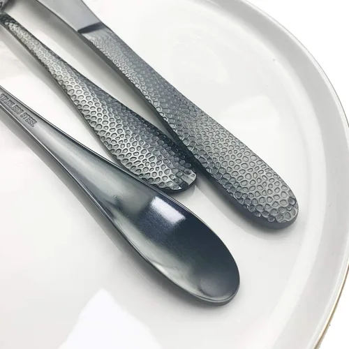 Miniatura 4 de JASHII Juego de cubiertos de 4 piezas de acero inoxidable negro forjado con mango martillado, servicio para 1 pulido de espejo, apto