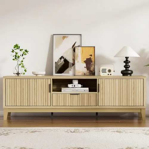 Miniatura 4 de FiveWillowise Soportes de TV de 59 pulgadas para sala de estar de hasta 65 pulgadas, centro de entretenimiento de madera estriada de 17.7 pulgadas