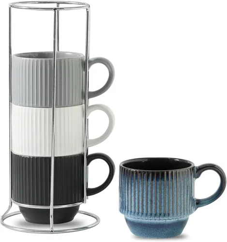 Miniatura 23 de Hasense Juego de tazas de café, juego de 4 tazas de té apilables con soporte - Juego de tazas grandes de cerámica acanaladas de 15 onzas para latte