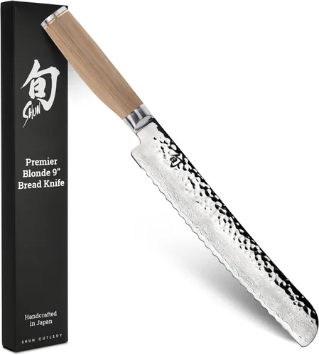 Shun Premier Blonde - Cuchillo de pan de 9 pulgadas, cuchillo serrado japonés hecho a mano, núcleo VG-MAX con revestimiento de acero inoxidable de