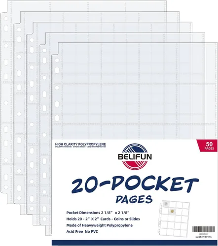 Páginas para monedas de 50 unidades con 20 bolsillos – Páginas de bolsillo para monedas para portamonedas de cartón de 2 x 2 pulgadas, 11 agujeros
