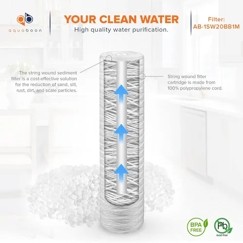 Miniatura 5 de Aquaboon Cartucho de repuesto de filtro de agua para heridas de cuerda de 1 micrón, para toda la casa, de 20 x 4.5 pulgadas, compatible