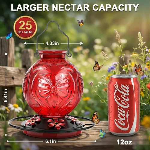 Miniatura 2 de Comedero de vidrio para colibríes para colgar al aire libre, comedero de néctar de colibrí de 25 onzas con perca y 5 puertos de alimentación