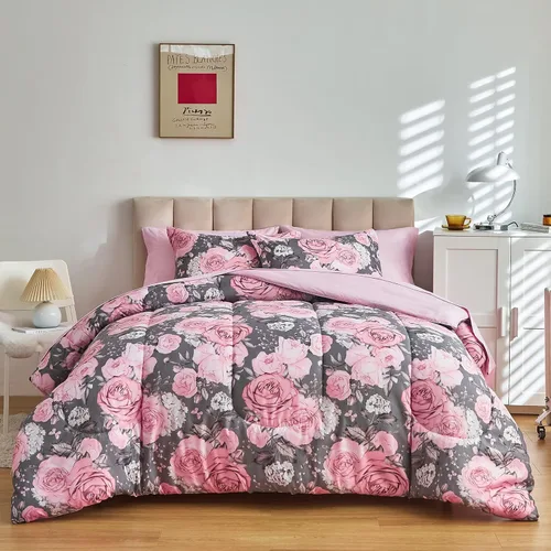 Juego de sábanas de edredón de flores, color gris, cama en una bolsa, juego de ropa de cama reversible de 7 piezas tamaño King de microfibra floral