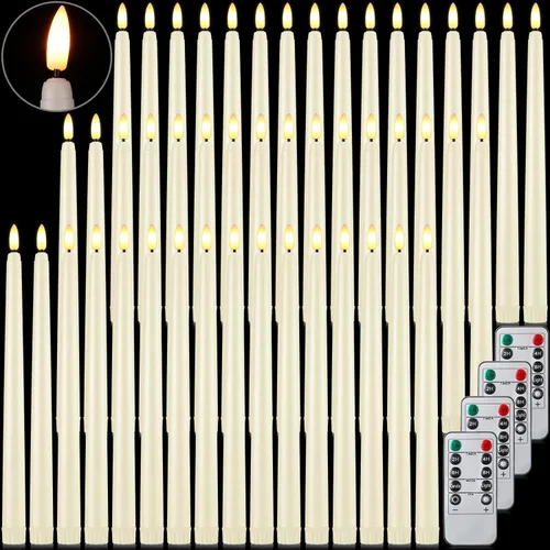 Reginary 48 unidades de velas cónicas sin llama con 4 controles remotos, velas cónicas parpadeantes sin llama a pilas con mecha 3D, luces LED de