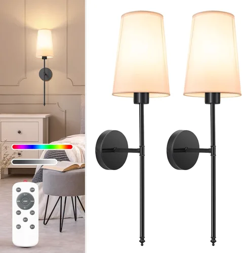 Miniatura 9 de NIORSUN Juego de 2 apliques de pared con pilas de 13.8 pulgadas, luces de pared recargables negras con bombillas desmontables regulables de 10400