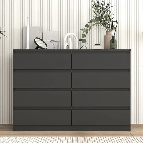 Miniatura 2 de Vibe & Dine Cómoda doble de 8 cajones, cómoda de madera moderna con amplio almacenamiento para armario, dormitorio, sala de estar, color negro