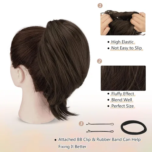 Miniatura 3 de BARSDAR Extensiones de Moño de Cabello Castaño - Extensiones de Moño de Cola de Caballo Recta y Corta para Mujeres, Postizos Sintéticos Resistentes