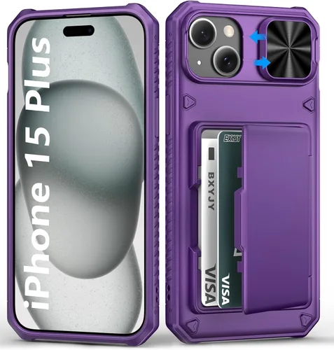 Miniatura 10 de BXYJY Funda tipo cartera para iPhone 15 Pro con tarjetero (4-5 tarjetas) y cubierta deslizante para cámara y soporte, protección contra caídas