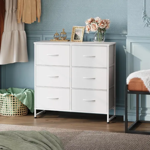 Miniatura 2 de WLIVE Cómoda blanca para dormitorio, cómoda doble de 6 cajones, torre de almacenamiento de tela con cubos de tela, cómoda para armario, sala