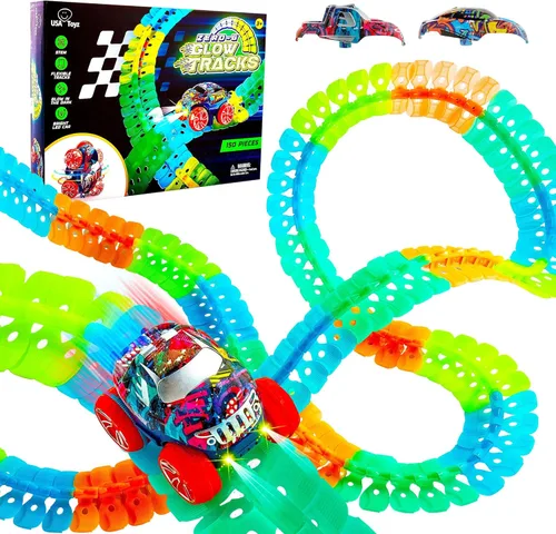 USA Toyz Zero-G Glow Pista de Carreras para Niños - Juego de Pista de Carreras Flexible de 150 Piezas que Brillan en la Oscuridad con Ventosas,