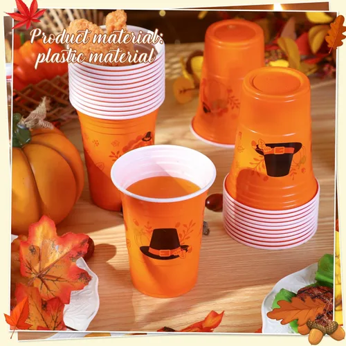 Miniatura 3 de Sliner 60 vasos de plástico de 16 onzas para Acción de Gracias, suministros para fiesta de Acción de Gracias, vasos desechables de color naranja