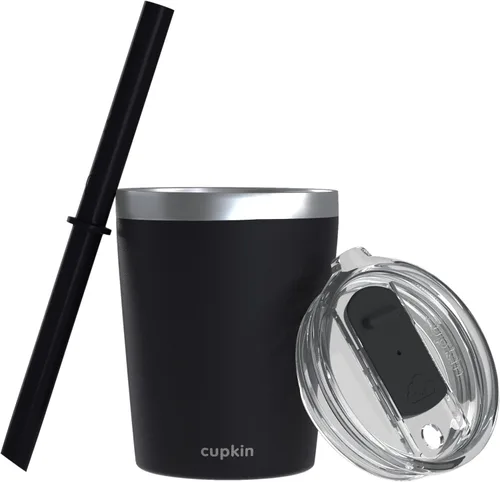 CUPKIN - Taza apilable de acero inoxidable para niños, taza para batidos, tazas aisladas con recubrimiento en polvo, tapa libre de BPA y pajilla de