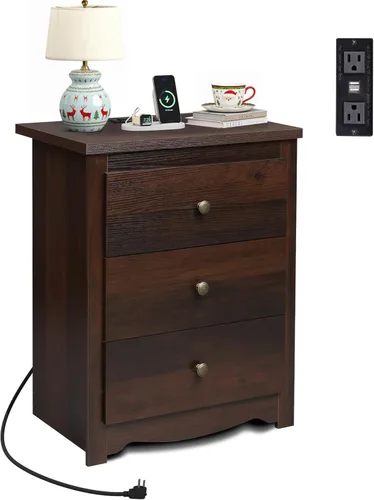 Miniatura 8 de WLIVE Mesita de noche alta con estación de carga, mesita de noche de madera con 3 cajones de almacenamiento, mesas auxiliares con 2 puertos USB