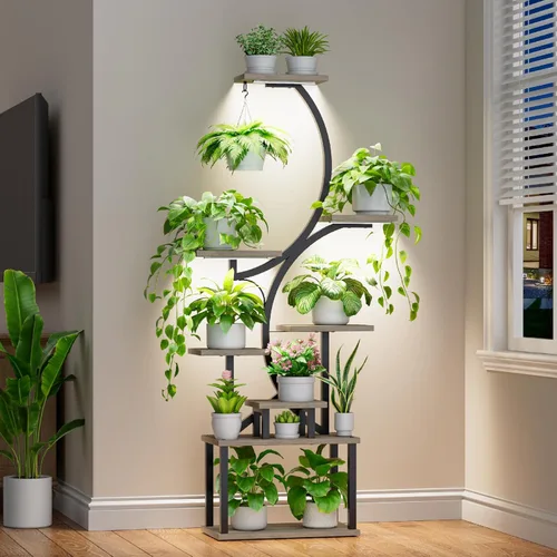 Miniatura 11 de Soporte para plantas con luces de cultivo para plantas de interior, estante esquinero alto de 8 niveles con luz de espectro completo, en forma de S