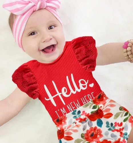 Miniatura 2 de ZOELNIC Ropa de bebé niña, mameluco de encaje con volantes de verano para recién nacido + pantalones cortos florales, 3 piezas, sesión de fotos