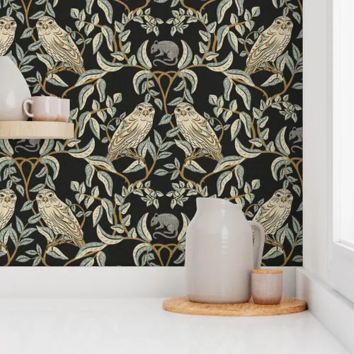 Miniatura 8 de Muestro de papel tapiz extraíble – Little Owl Damask William Morris Farmhouse Arts and Crafts Birds of Rapy, papel tapiz de transición verde suave