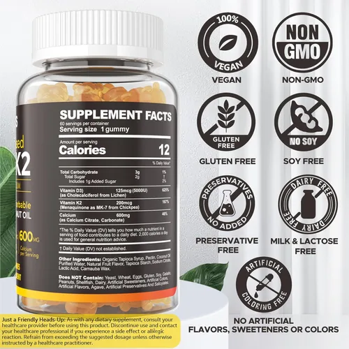 Miniatura 2 de Vitamina D3 5000 UI y K2 (como MK7) 200 mcg Gomitas + 600 mg de Calcio, con Aceite de Coco para Alta Absorción, Suplemento de Vitamina D3 K2