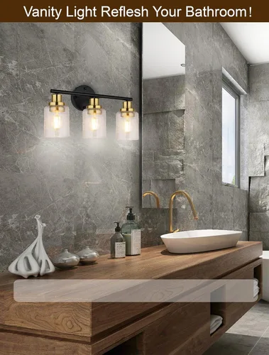 Miniatura 6 de Ldeco Luces de tocador de 3 luces para baño, lámpara de baño negra y dorada con pantalla de vidrio transparente de burbujas, luces modernas