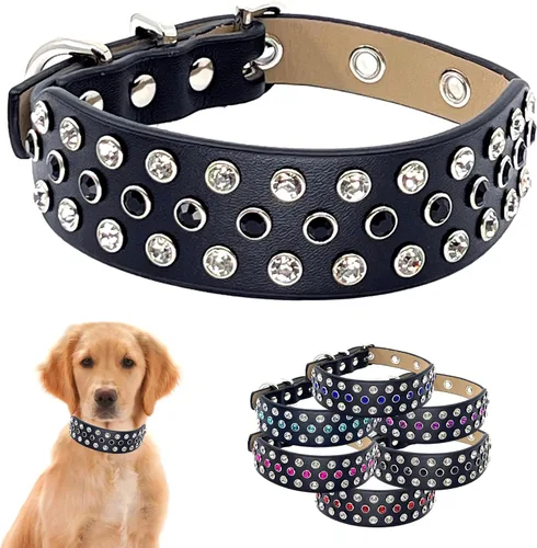 Miniatura 7 de Collar de perro con diamantes de imitación con brillantes piedras aguamarina tachonadas en cuero ancho de microfibra negra, detalles de diseñador