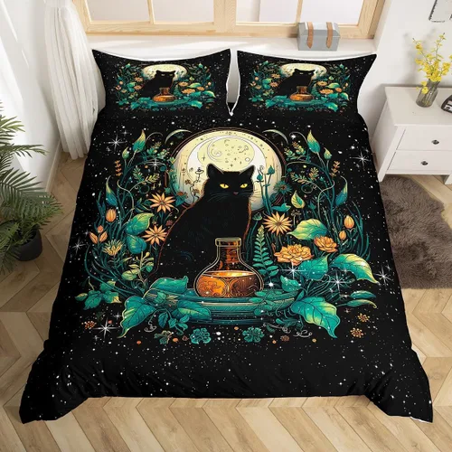 Juego de funda de edredón para niños con diseño de gato lindo, tamaño individual, juego de ropa de cama con hojas de flores, luna, noche y cielo