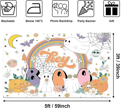 Miniatura 2 de Avezano Hey Boo - Telón de fondo retro Groovy Rainbow para Halloween, baby shower, decoración de fiesta de baby shower, mesa de postre