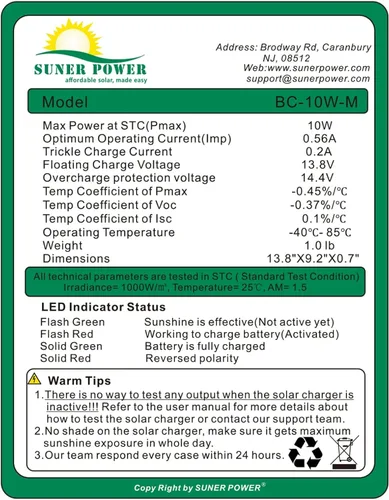 Miniatura 5 de SUNER POWER 10 W 12 V Cargador de Batería Solar y Mantenedor, Controlador de Carga Smart MPPT Incorporado, Soporte de Montaje Ajustable, Kits