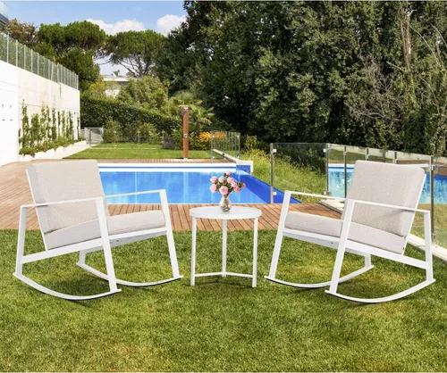 Miniatura 2 de AQUILLA Juego de 3 mecedoras de patio para exteriores, muebles de exterior con marco de metal, mesa redonda de vidrio templado, cojines gruesos