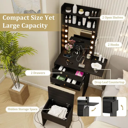 Miniatura 3 de CHARMAID - Escritorio pequeño de tocador con espejo y luces, mesa de tocador de maquillaje con estación de carga, cajones, estantes, mesa lateral