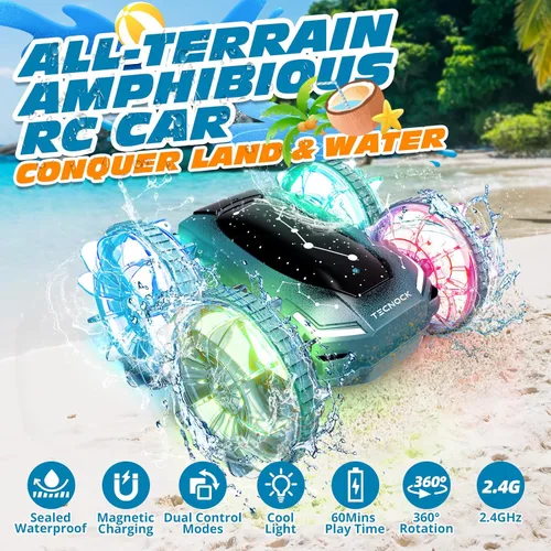 Miniatura 2 de Tecnock Coche Anfibio de Control Remoto, Coche RC de 4WD con Gestos y Carga Magnética, 60 Minutos de Tiempo de Juego, Luces LED, Juguetes de Piscina