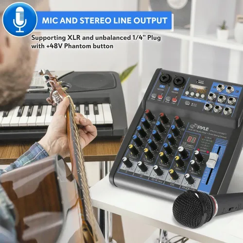Miniatura 6 de Pyle Mezclador de Audio Profesional Placa de Sonido Consola del Sistema - 4 Canales - Bluetooth - Entrada USB MP3 para Computadora - 48V Phantom